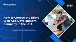 An IT professional pointing at a laptop showing something to a woman colleague and the text on the left reads "How to Choose the Right Web Development Company in the USA"
