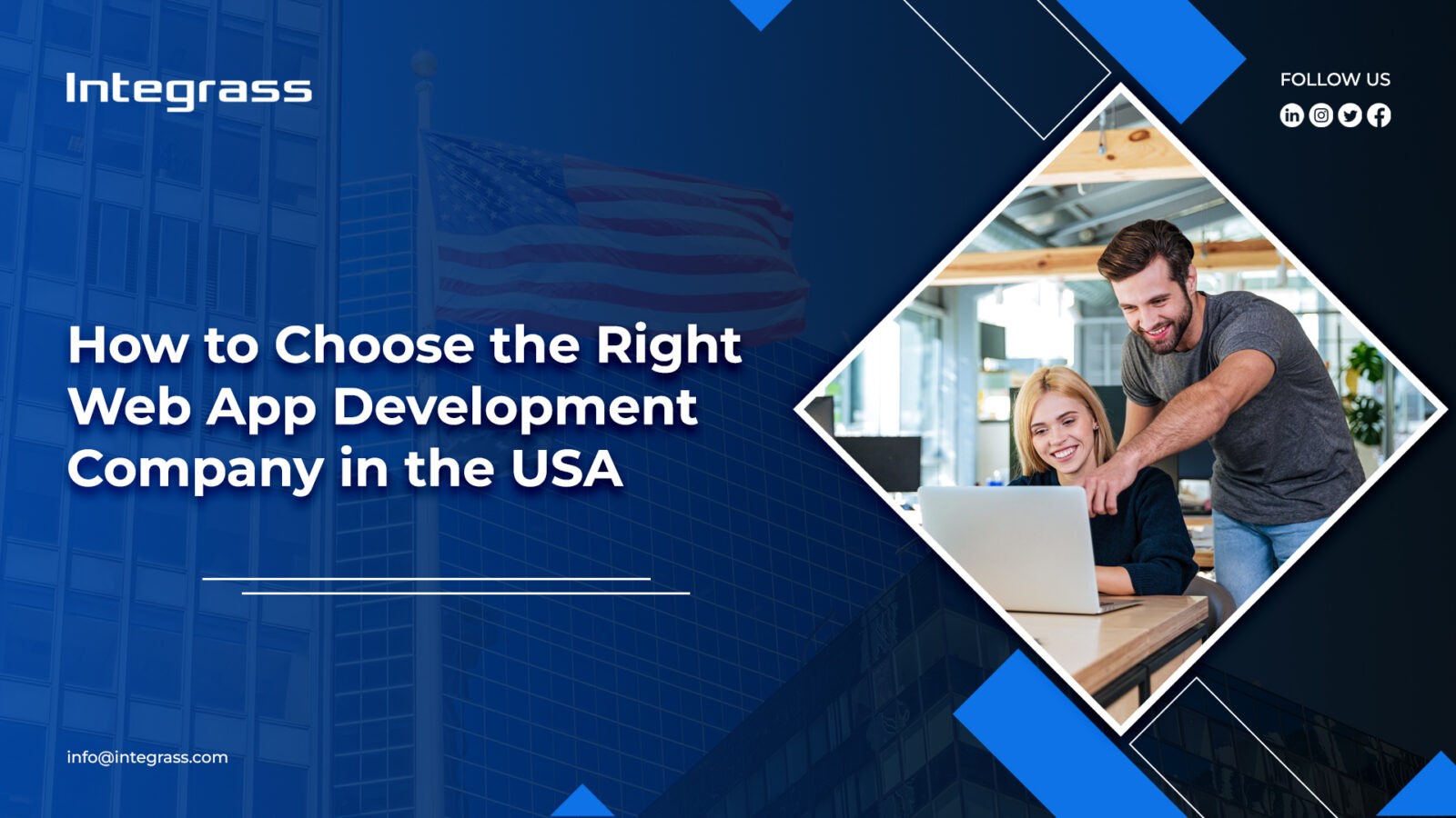 An IT professional pointing at a laptop showing something to a woman colleague and the text on the left reads "How to Choose the Right Web Development Company in the USA"