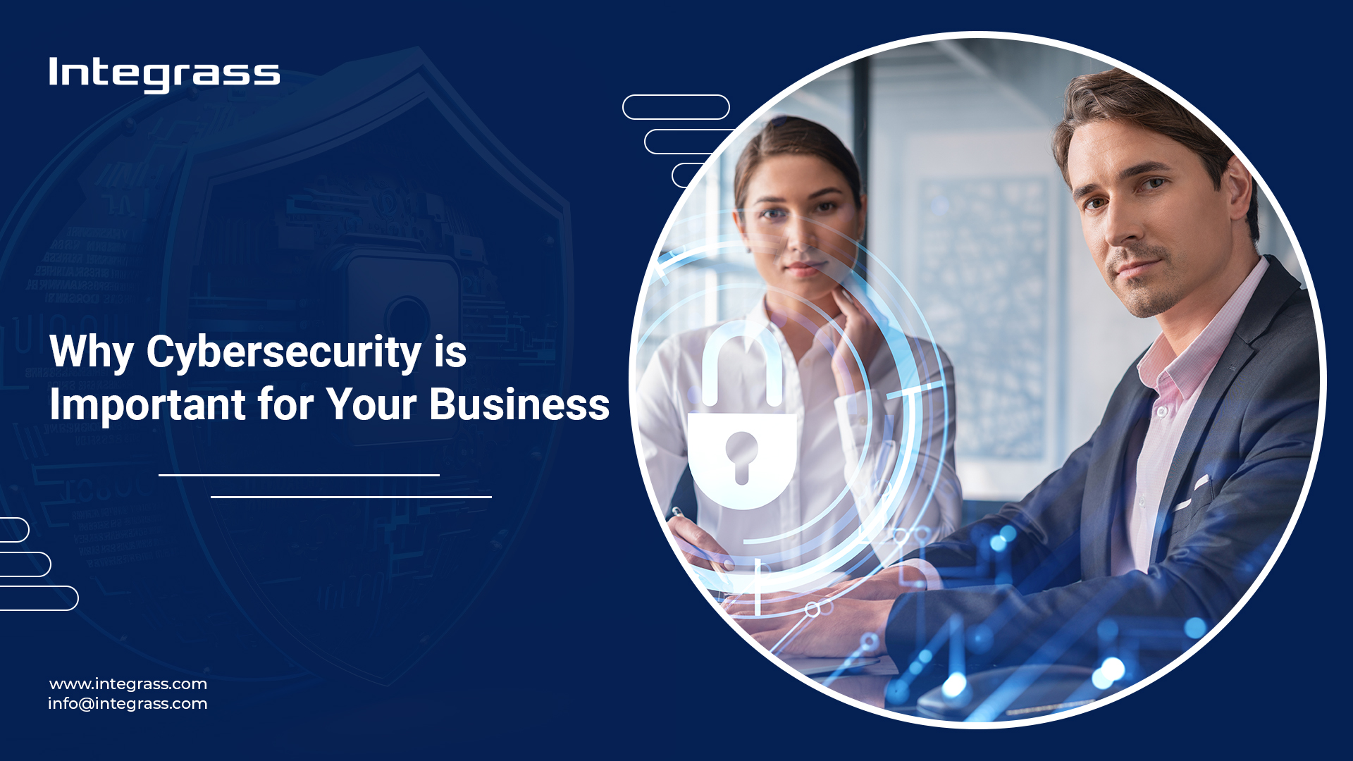 A group of men and women on the right side of the image are looking straight at the viewer. On the left side of the image is a blog title that reads "Why Cybersecurity is Important for Your Business.